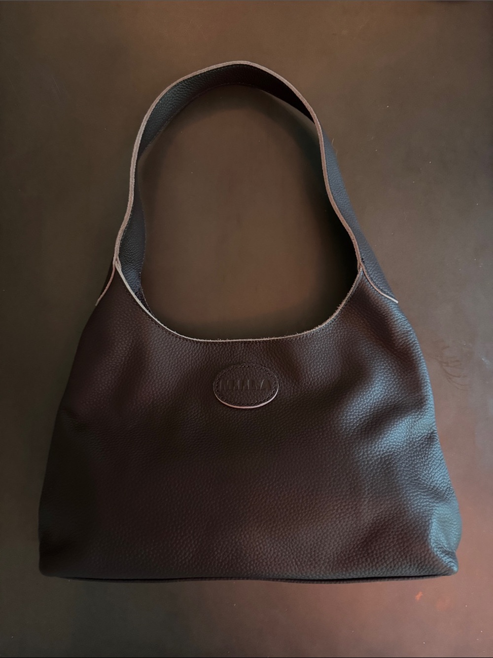Minimalist Dark Brown Pebbled Leather Shoulder Bag